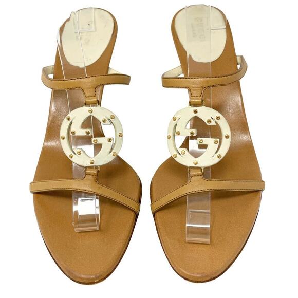 Gucci GG Logo Interlocking Tan Brown White Leather Strappy Heels Sandals US 9.5 - Picture 2 of 10